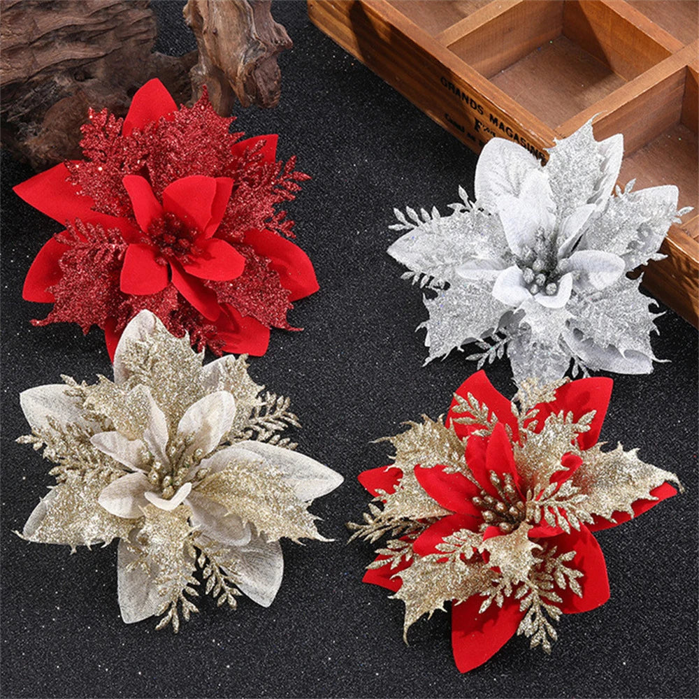 Lot de 5 ou 10 décorations florales de Noël de 14,5 cm